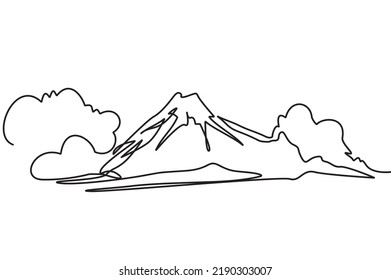 One continuous line drawing of volcano emitting lava and smoke or clouds. Vector illustration of volcano and clouds. Vector wallpaper design for mountain icon, adventure logo, and travel poster.