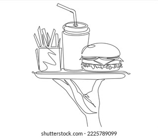 One continuous line drawing of waiter carries burger or hamburger,fries and cola on a tray. Fast food concept. A hand holds a tray. Line Art isolated white background.