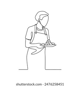 Eine ununterbrochene Linienzeichnung eines Kellners serviert Kunden, die Speisen und Getränke für das Abendessen in der Restaurant-Vektorillustration bestellen. Restaurant-Aktivität im schlichten linearen Stil Vektorgrafik Design Konzept.