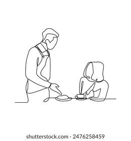 One continuous line drawing of a waiter is serving customers who order food and drinks for dinner in restaurant vector illustration. Restaurant activity in simple linear style vector design concept.