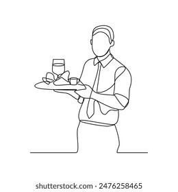 One continuous line drawing of a waiter is serving customers who order food and drinks for dinner in restaurant vector illustration. Restaurant activity in simple linear style vector design concept.