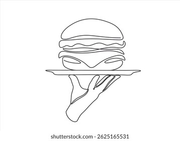 Un dibujo de línea continua de camarero lleva hamburguesa o hamburguesa en una bandeja. Concepto de comida rápida. Una mano sostiene una bandeja. Arte de línea aislado fondo blanco. Trazo editable.