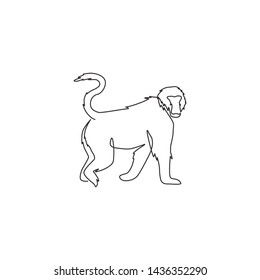 One continuous line drawing of walking baboon for conservation jungle logo identity. Primate animal mascot concept for national park icon. Modern single line graphic draw design vector illustration