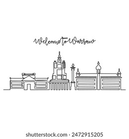 One continuous line drawing of Warsaw skyline vector illustration. Modern city in Europe in simple linear style vector design concept. One of big city in Poland. Iconic architectural building design.