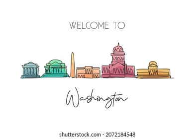 One continuous line drawing of Washington city skyline, United States. Beautiful landmark. World landscape tourism vacation poster print wall decor. Stylish single line draw design vector illustration