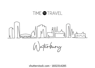 One continuous line drawing Waterbury city skyline Connecticut. Beautiful landmark art. World landscape tourism travel home wall decor poster print. Stylish single line draw design vector illustration