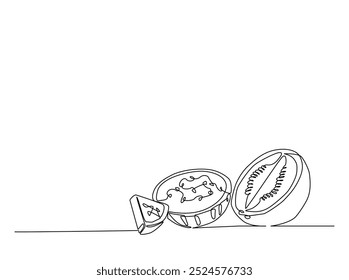 Um desenho de linha contínua da ilustração de fruto de melancia. Fatia de design de melancia monolina.
