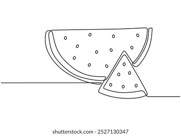 Eine durchgehende Linienzeichnung einer Wassermelone. Minimalistische lineare Kunst, perfekt für Sommer- und gesunde Esskonzepte. Vereinfachte handgezeichnete Illustration.