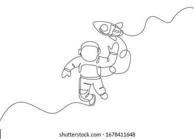 One continuous line drawing of waving hand spaceman astronaut science discovering cosmos galactic with rocket. Cosmonaut in outer space concept. Dynamic single line draw design vector illustration