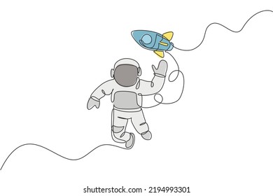 One continuous line drawing of waving hand spaceman astronaut science discovering cosmos galactic with rocket. Cosmonaut in outer space concept. Dynamic single line draw design vector illustration