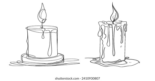 One continuous line drawing of wax or paraffin candle. Christmas home decoration and aromatherapy concept in simple linear style. Outline of isolated on white background. Monochrome vector illustratio