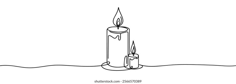 One continuous line drawing of wax or paraffin candle. Christmas home decoration and aromatherapy concept in simple linear style. Doodle Vector illustration