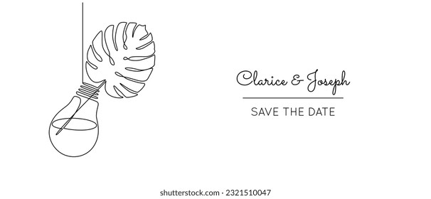 One continuous line drawing of wedding floral decor. Romantic elegance concept with monstera leaf composition in light bulb glass vases invitation in simple linear style. Doodle vector illustration
