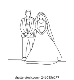 
One continuous line drawing of Wedding ceremony vector illustration. the bride and groom with wedding costume design illustration simple linear style vector concept. Wedding design illustration.