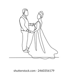 
Una línea continua de dibujo de Ilustración vectorial de ceremonia de Boda. la novia y el novio con ilustración de diseño de traje de novia concepto de Vector de estilo lineal simple. Ilustración de diseño de Boda.