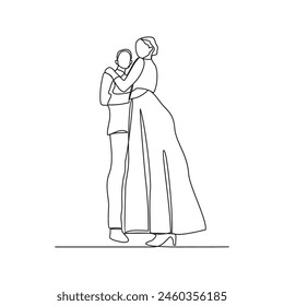 
One continuous line drawing of Wedding ceremony vector illustration. the bride and groom with wedding costume design illustration simple linear style vector concept. Wedding design illustration.