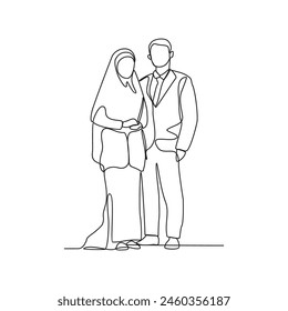 
One continuous line drawing of Wedding ceremony vector illustration. the bride and groom with wedding costume design illustration simple linear style vector concept. Wedding design illustration.