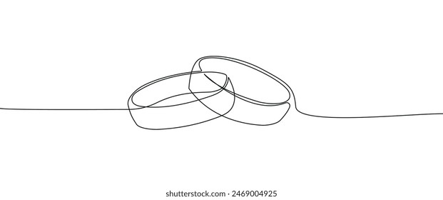 One continuous line drawing of wedding rings. Romantic elegance concept and symbol of proposal, engagement, and love marriage in simple linear style.