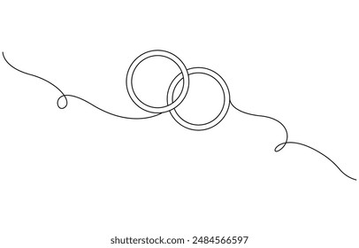 One continuous line drawing of Wedding rings. Romantic elegance concept and symbol proposal engagement and love marriage in simple linear style. Editable stroke.