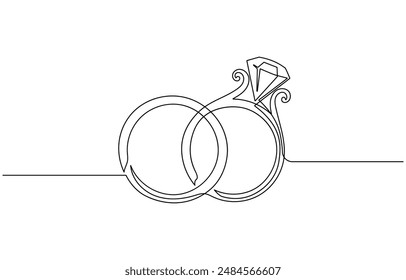 One continuous line drawing of Wedding rings. Romantic elegance concept and symbol proposal engagement and love marriage in simple linear style. Editable stroke.