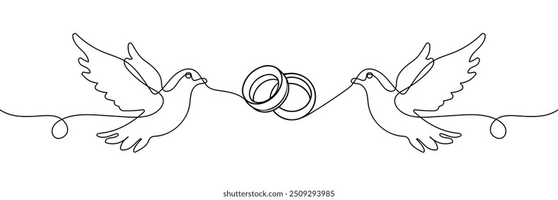 Um desenho de linha contínua de anéis de casamento e pomba branca. Projeto de convite romântico e envolvimento de símbolo e casamento de amor em estilo linear simples. Traçado editável. Ilustração de vetor de rabiscar