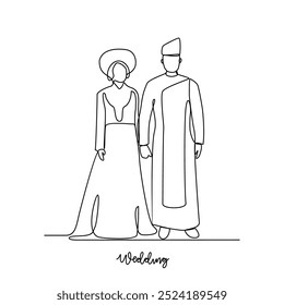 
Um desenho de linha contínua da ilustração do vetor da cerimônia do casamento. A noiva e o noivo com o casamento ilustração de design de traje de país tradicional em conceito de vetor de estilo de linha contínua simples.