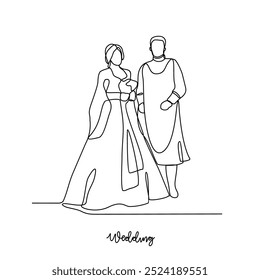 
One continuous line drawing of Wedding ceremony vector illustration. The bride and groom with wedding traditional country costume design illustration in simple continuous line style vector concept.