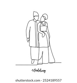 
One continuous line drawing of Wedding ceremony vector illustration. The bride and groom with wedding traditional country costume design illustration in simple continuous line style vector concept.