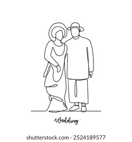 
Un dibujo de línea continua de la Ilustración vectorial de la ceremonia de Boda. La novia y el novio con la ilustración tradicional del diseño del traje del país de la boda en concepto continuo simple del Vector del estilo de la línea.