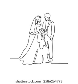 One continuous line drawing of wedding ceremony vector illustration. spouse bride complete with wedding costume design illustration simple linear style vector concept. Wedding design vector asset.