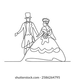 One continuous line drawing of wedding ceremony vector illustration. spouse bride complete with wedding costume design illustration simple linear style vector concept. Wedding design vector asset.