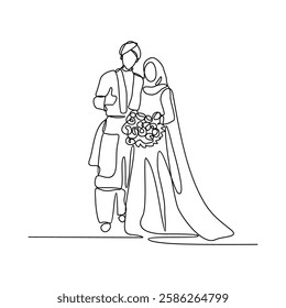 One continuous line drawing of wedding ceremony vector illustration. spouse bride complete with wedding costume design illustration simple linear style vector concept. Wedding design vector asset.