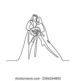 One continuous line drawing of wedding ceremony vector illustration. spouse bride complete with wedding costume design illustration simple linear style vector concept. Wedding design vector asset.