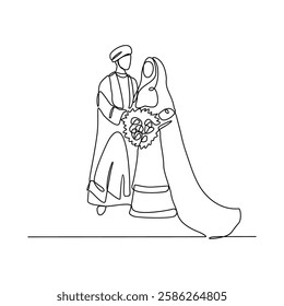 One continuous line drawing of wedding ceremony vector illustration. spouse bride complete with wedding costume design illustration simple linear style vector concept. Wedding design vector asset.