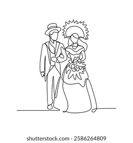 One continuous line drawing of wedding ceremony vector illustration. spouse bride complete with wedding costume design illustration simple linear style vector concept. Wedding design vector asset.