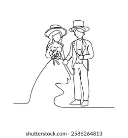 One continuous line drawing of wedding ceremony vector illustration. spouse bride complete with wedding costume design illustration simple linear style vector concept. Wedding design vector asset.