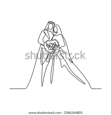 One continuous line drawing of wedding ceremony vector illustration. spouse bride complete with wedding costume design illustration simple linear style vector concept. Wedding design vector asset.