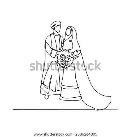 One continuous line drawing of wedding ceremony vector illustration. spouse bride complete with wedding costume design illustration simple linear style vector concept. Wedding design vector asset.
