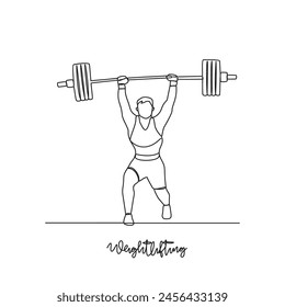 One continuous line drawing of Weight lifting sports vector illustration. Weight lifting sports design in simple linear continuous style vector concept. Sports themes design for your asset design.