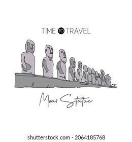 One continuous line drawing of welcome to Moai landmark. World iconic place in Easter Island, Polynesia. Holiday vacation wall decor poster concept. Modern single line draw design vector illustration