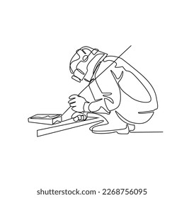 One continuous line drawing of a welder using welding machine in the construction project. welder design with simple linear style. Construction project design concept Vector illustration
