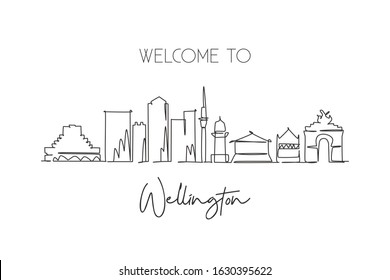 One continuous line drawing  Wellington city skyline New Zaeland. Beautiful landmark home wall decor poster print. World landscape tourism travel vacation. Single line draw design vector illustration