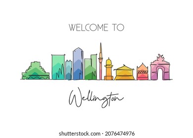 One continuous line drawing Wellington city skyline New Zaeland. Beautiful landmark home wall decor poster print. World landscape tourism travel vacation. Single line draw design vector illustration