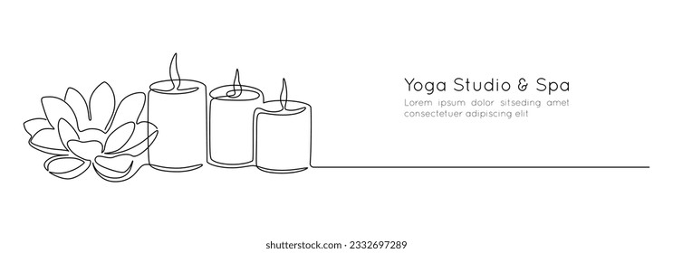 One continuous line drawing of wellness and spa treatment. Candle and lotus flower for zen and balance concept in simple linear style. Editable stroke. Doodle outline vector illustration