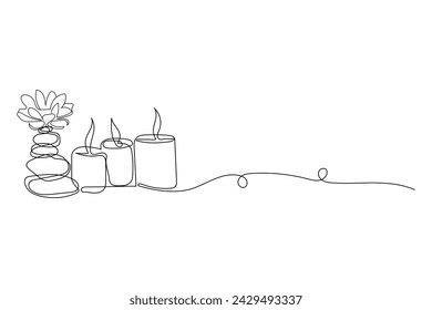 One continuous line drawing of wellness and spa treatment. Candle stones and lotus flower for zen and balance concept in simple linear style. Editable stroke. Doodle Vector illustration