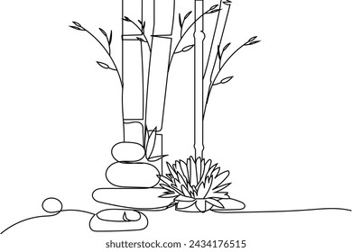 One continuous line drawing of wellness and spa treatment. Candle stones and lotus flower , bamboo for balance concept in simple linear style. Editable stroke. Doodle Vector illustration