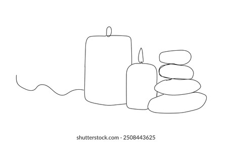 One continuous line drawing of wellness and spa treatment. Candle stones and lotus flower for zen and balance concept in simple linear style. Editable stroke. Doodle Vector illustration