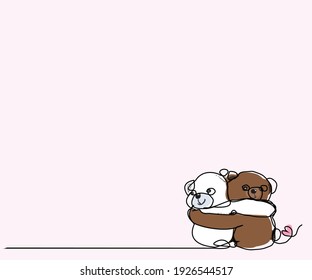 One continuous line drawing of white and brown teddy bears hugging. Editable black stroke.

