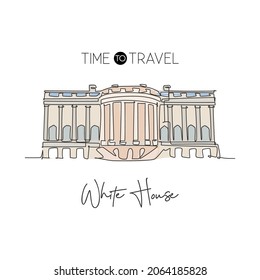 One continuous line drawing White House landmark. World iconic place in Washington DC, USA. Wall decor home art poster print and postcard concept. Modern single line draw design vector illustration