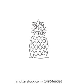 One continuous line drawing whole healthy organic pineapple for orchard logo identity. Fresh summer fruitage concept for fruit garden icon. Modern single line draw design graphic vector illustration